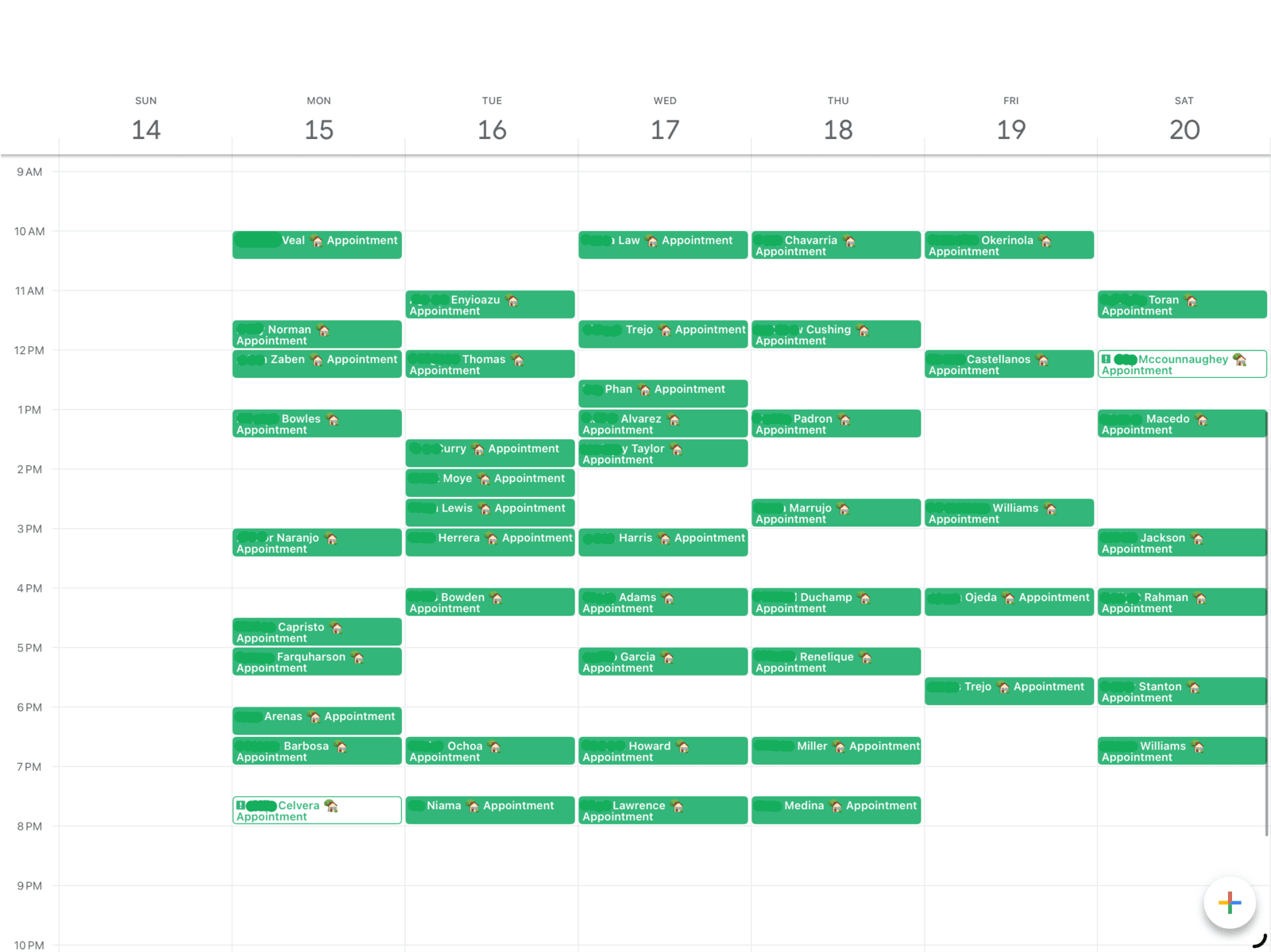 The client's calendar after: a week with 49 appointments. Names are partly redacted for privacy.